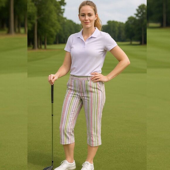 Liz Golf Pants - Lizgolf Striped Golf Casual Colorful Stretch Capri Pants White Green Pink Sz 8p